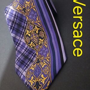 Versace Purple & Gold Mens Silk Tie - Ornate Pattern